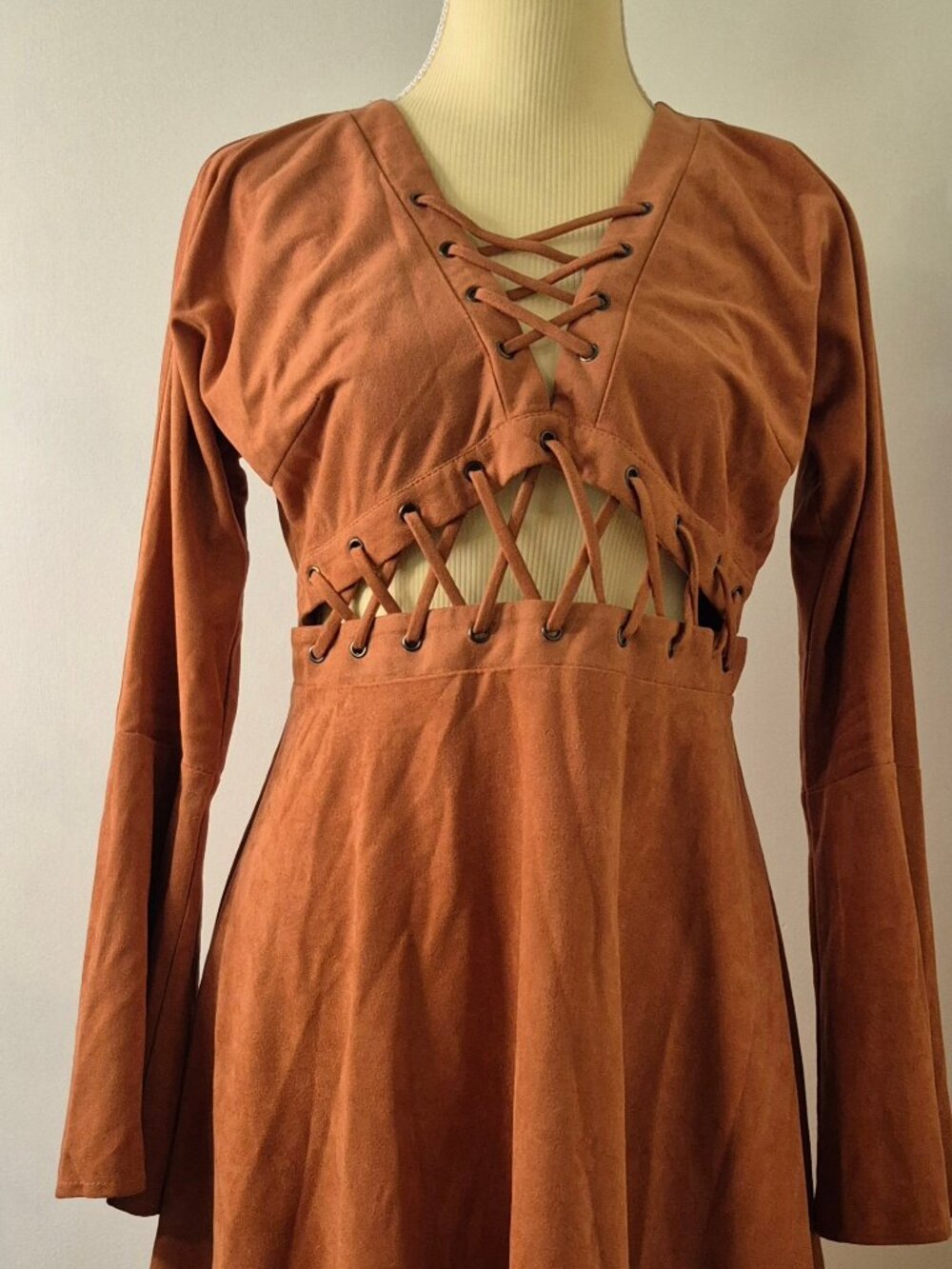 Boho Faux Suede Lace-Up Mini Dress Bell Sleeve 70s Festival Western Renaissance